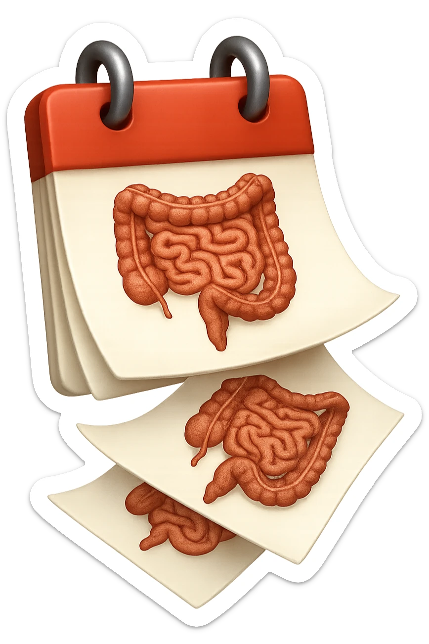 emoji stile iphone di un calendario con fogli che volano insieme, sui fogli ci sono disegnati degli intestini anatomici, iperrealistico 4k, isolato su sfondo bianco sticker