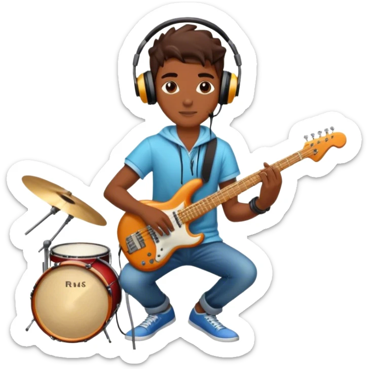 Icon for R&B Music Listening: large concert speakers and headphones with waves of musical notes coming out, along with drums, bass guitar and saxophone. The icon should convey the energetic and rhythmic vibe of R&B music. Transparent background sticker