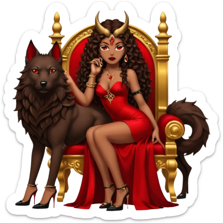 Lilith symbol seductress evil brown curly long hair haired, sexy succubus woman with red and black Chanel dress on. Amred and black stiletto platform high heel shoes on. sitting on a Black and gold throne. A large black wolf laying beside her sticker