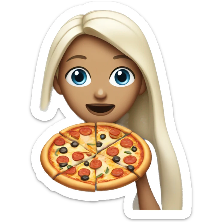 Woman with long black hair and blue eyes eating pizza  sticker