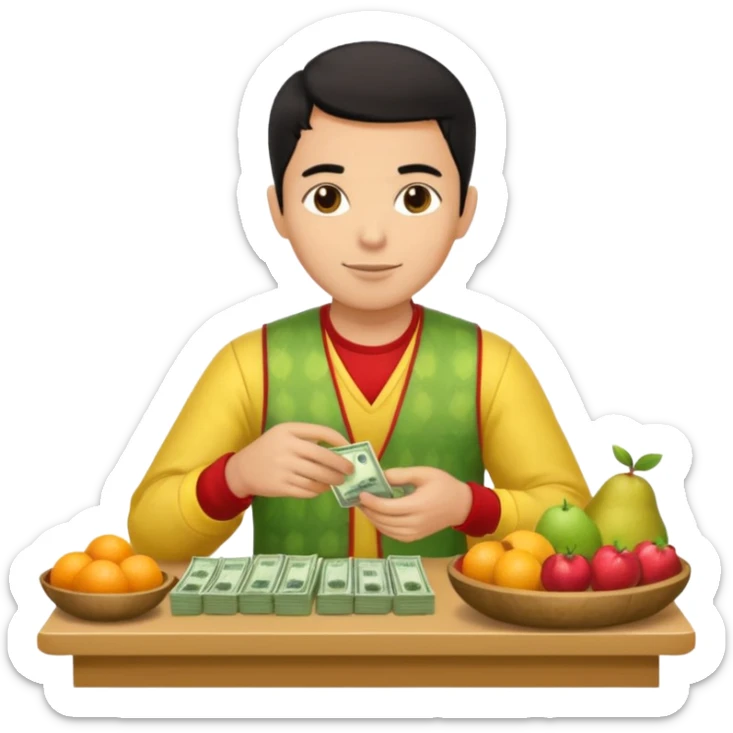 chico piel clara pelo negro con ropa de frutero sentado en una mesa contando mucho dinero sticker
