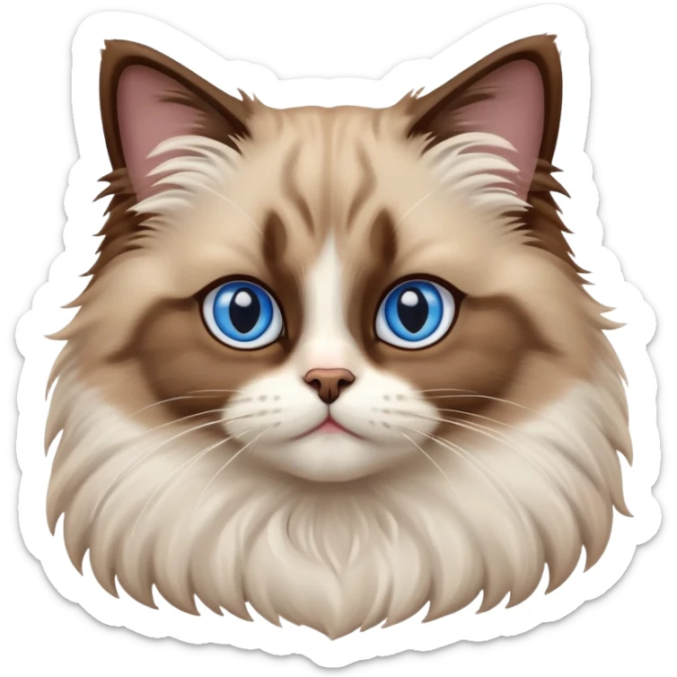 cinematic-adorable-big-eyed-fluffy-brown ragdoll-cat-portrait-emoji,-head-tilted-playfully-with-a-sweet-expression,-fluffy-white and brown-fur,-simplified-yet-irresistibly-cute-features-with-large,-expression, blue eyed ragdoll cat sticker