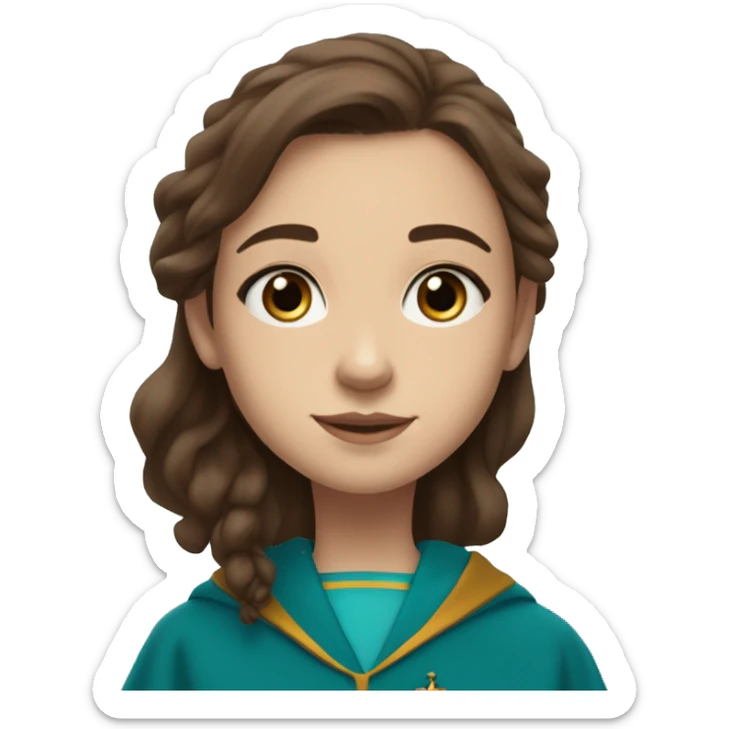 12 year old girl with brown hair past her shoulders and aqua blue at the tips with blueish grayish eyes wearing a gryffindor robe sticker