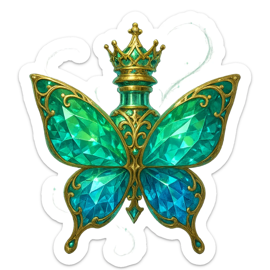 very close to original: crystal butterfly-shaped bottle with short neck and princess crown, green and blue colors, more facets, glowing, ornaments, decorations, golden details, magical effects, premium class, transparent background, bottle clearly flying in air, no base or shadow sticker