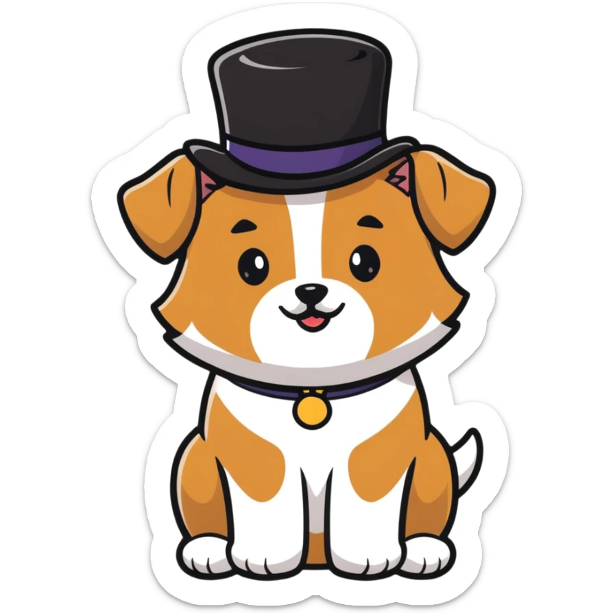 cute small tan and white dog with black nose, black round eyes, curly fluffy medium length hair, wearing a top hat sticker