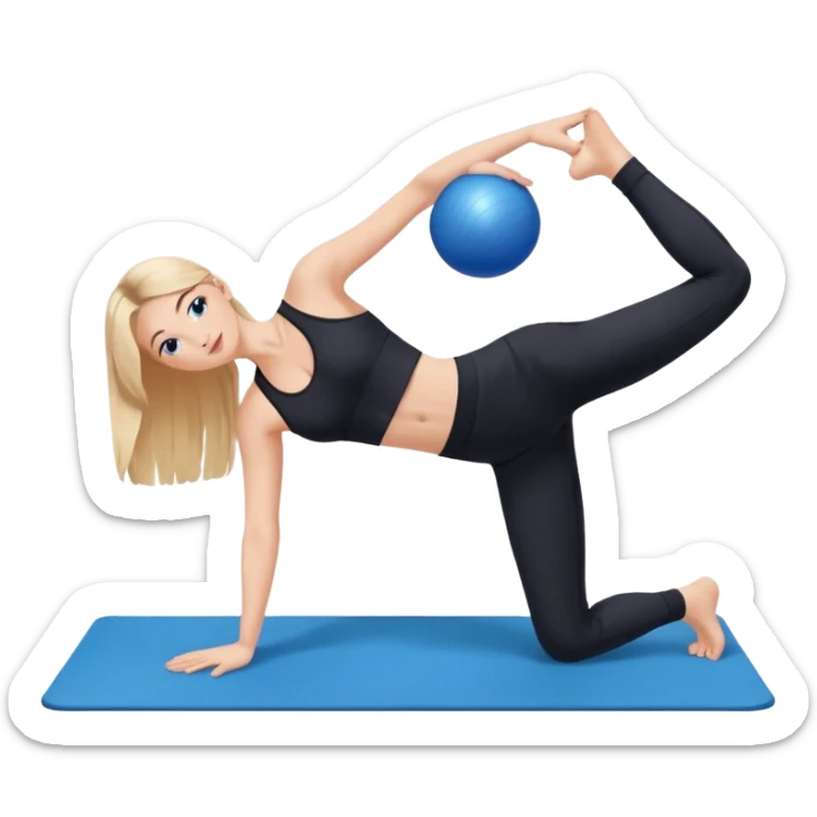 generate a pretty woman in black gym clothes doing pilates on a blue mat with a small blue ball sticker