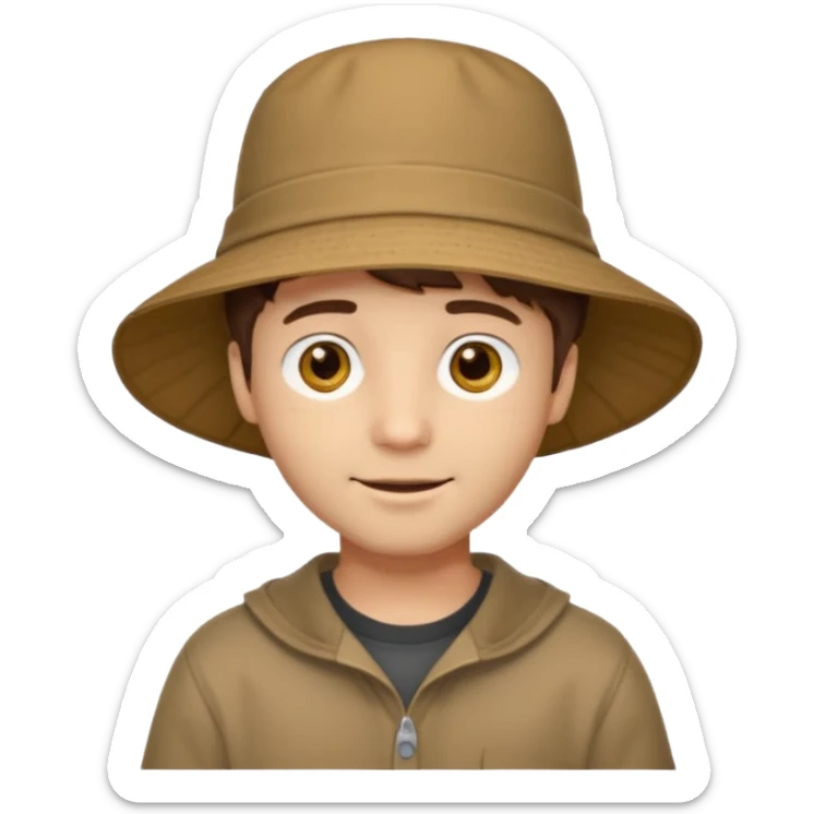 A light-skinned man with short brown hair, golden-brown eyes, and a soft smile, wearing a wide-brimmed brown bucket hat. sticker