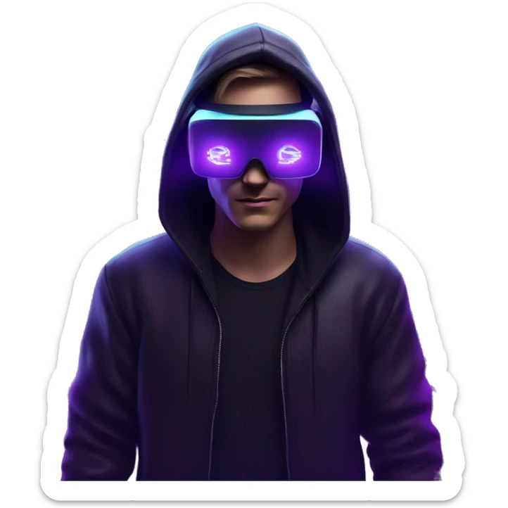 Russian man wearing a black hoodie with "OMG" letters on it and VR headset in a cyberpunk VR environment with violet neon lighting. sticker