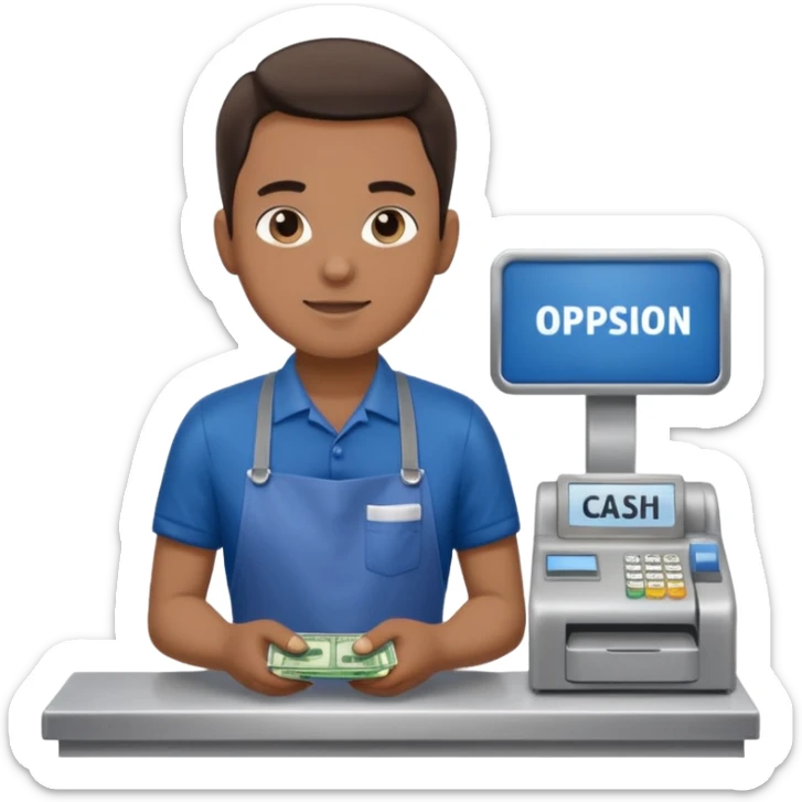 Supermarket employee at a cash register, full body, serving a man sticker