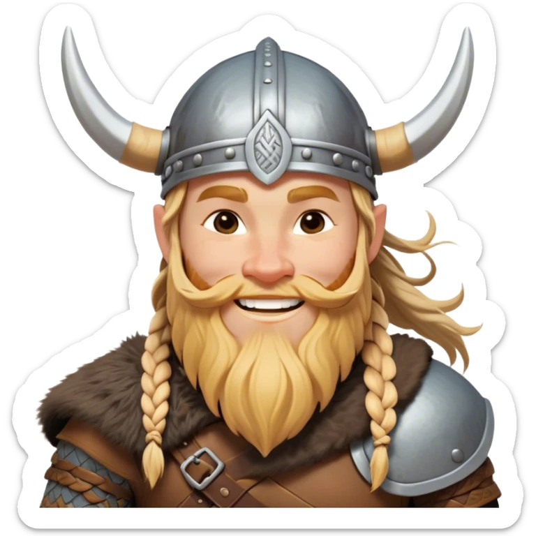 Clash of Clans aesthetic: Cinematic Cheerful Viking Portrait Emoji, With a bright, confident smile and a relaxed, adventurous stance, showcasing a stylized, spirited build with a classic Viking helmet and braided hair, his natural skin tone lending authenticity, Simplified yet expressive features, highly detailed, glowing with a soft, golden Nordic radiance, high shine, upbeat and courageous, stylized with an air of classic Viking heroism, soft glowing outline, capturing the essence of a cheerful Viking ready to embark on legendary quests! sticker