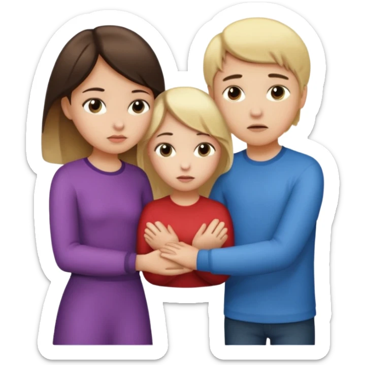  iOS emoji style.
A girl holding hands with two boys at the same time,one boy si brunette the other blonde, one on each side. the brunette one is kised by the girl but the blonde one si holding hand with her
The girl has a suspicious, guilty expression
 smooth gradients, rounded shape sticker