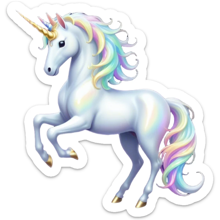 Cinematic Noble White Unicorn Portrait Emoji, Poised and regal, with a slender, ethereal form draped in a pristine white color, a flowing mane and tail, and a glistening, spiraled horn that radiates pure light, Simplified yet sharp and sophisticated features, highly detailed, glowing with a soft, iridescent luminescence, high shine, intelligent and transcendent, stylized with an air of mythical enchantment, focused and serene, soft glowing outline, capturing the essence of a watchful and confident white unicorn that appears ready to prance out of the screen with magical grace! sticker