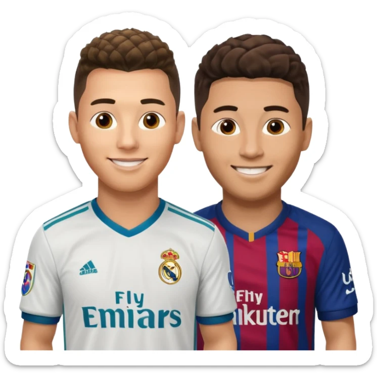 Prime noodle hair ronaldo and prime 2012 messi Smiling in one Photo and make it realistic Ronaldo wearing Number 7 With Madrid and Messi wearing number 10 with barca  sticker