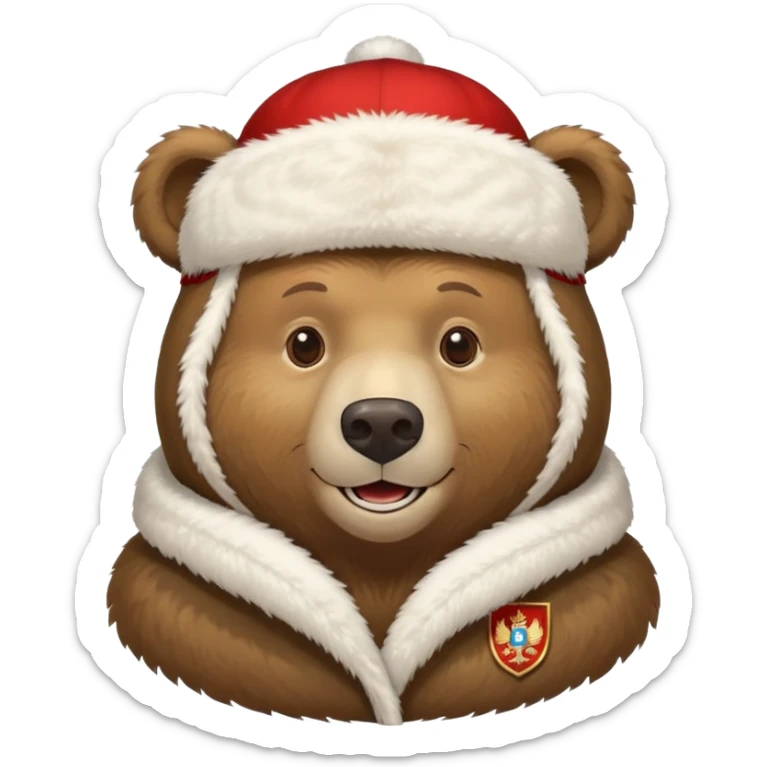 Russian brown bear wearing a white furry ushanka hat with Russian coat of arms emblem in the center, front view, iOS emoji style sticker