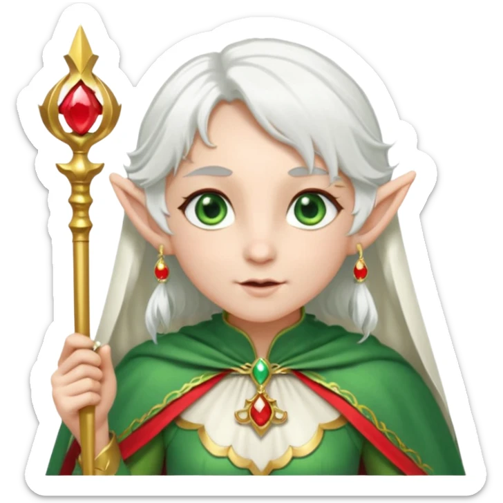 an elf with very white hair and two long PONYTAILS/pigtails on the side of her head, she has a curtain bang, green eyes, she has a white cape with golden borders and a scepter with a red orb, she has earrings that look like red drops sticker