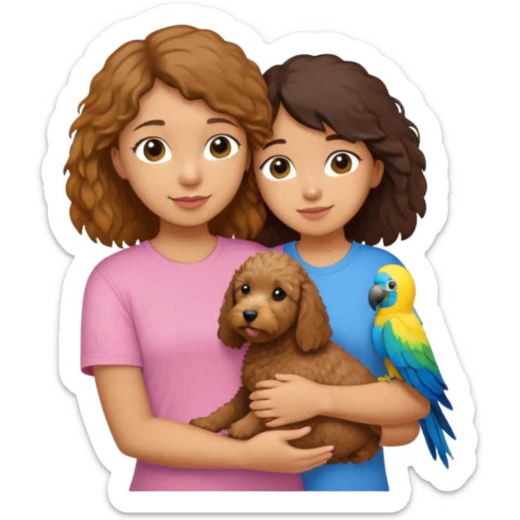 One girl with medium long dark brown hair dressing baby pink T-shirt, hugging One little brown coated labradoodle and a yellow-headed, blue-bellied macaw sticker