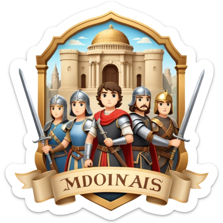 Icon for Historical Movies: A vintage movie poster-style design with elements of ancient architecture, historical figures in period costumes, and a backdrop of a historical event or battle. Include scrolls, swords, and shields. Retro cinematic feel. Transparent background. sticker