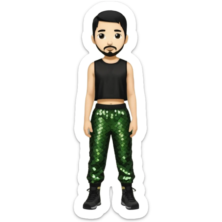 Mike Shinoda with black hair, black sequin crop top, olive sequin baggy pants sticker
