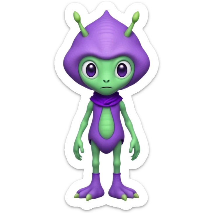 full body cute roughly humanoid peacefull alien furry with 2 legs and eye stalks stands upright and looks intelligent ...wears clothing. not green..looks happy and cudly... has 3 eyes...the alien has 3 eyes....it has an extra eye on single stalk on top of head sticker