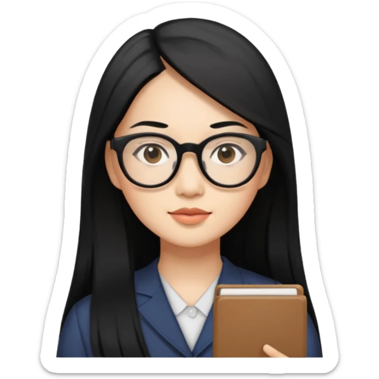 30 yr old asian woman, straight thick long black hair, big black glasses, side part sticker