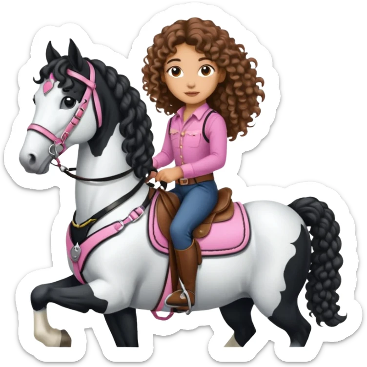 Realistic mixed race girl with long curly hair, riding a big black and white draft horse, wearing pink harness and saddle  sticker