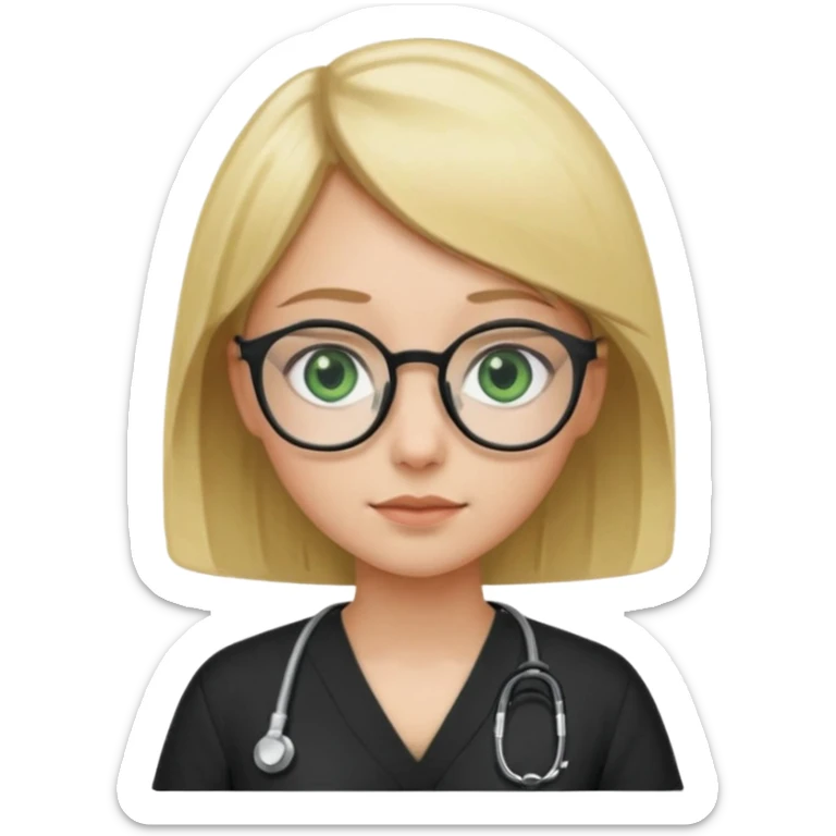 A girl in black scrubs with a blonde bob and glasses no stethoscope green eyes sticker
