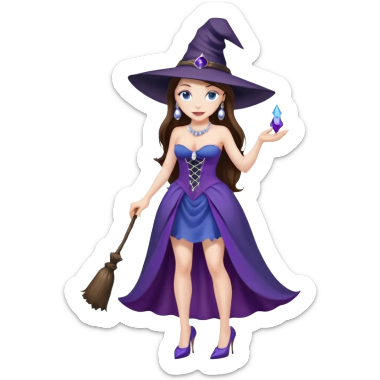 sexy woman brunette, very large breasts, pale skin, blue eyes, long brown hair, purple strapless dress, witch hat, pearl earrings, smirking, in high heels, standing, head to toe, full body, zoomed out, entire outfit visible sticker