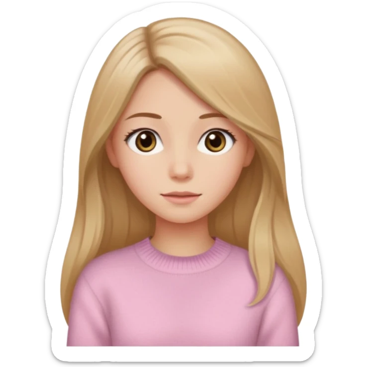 Crea una chica güerita con pelo largo café claro y raíces güeras, ojos rasgados cafés oscuros, suéter o camisa rosa claro sticker