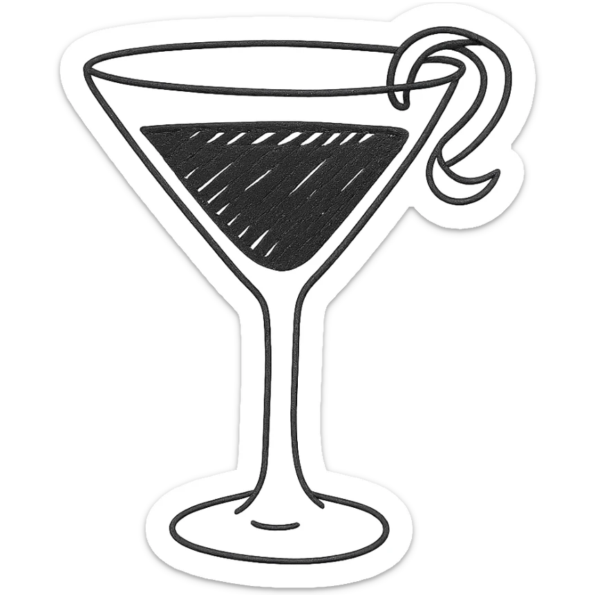 cocktail glass with burgundy drink and a lemon twist garnish, hand drawn style sticker