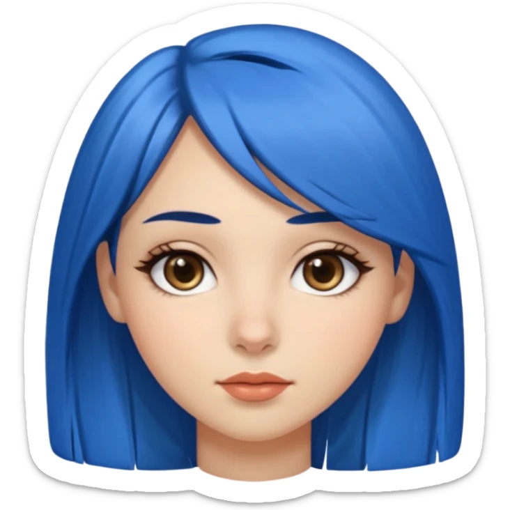 Chica de rostro ovalado, ojos grandes y almendrados café oscuro, cejas gruesas, nariz recta y labios llenos. Cabello lacio, oscuro, a media melena, con fleco lateral y un mechón celeste al frente. Piel de tono medio con mejillas sonrojadas. sticker