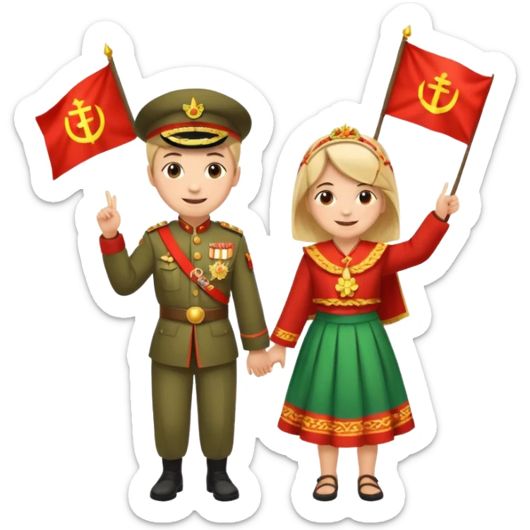 Happy Victory day। A banner is standing with a boy on one side and a girl on the other. sticker