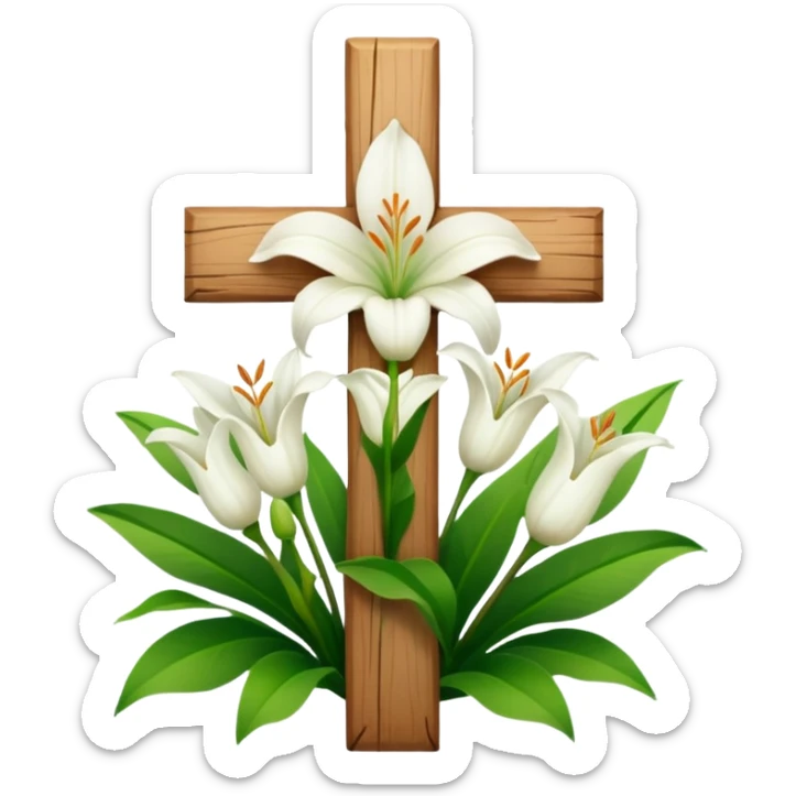 A wooden cross with white lilies around the bottom.. No lilies on the centre of the cross.  sticker