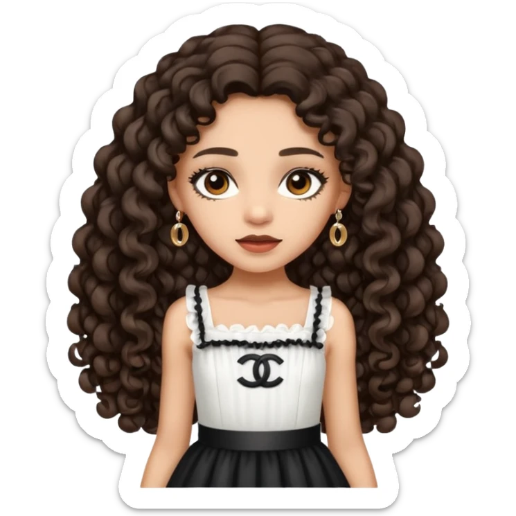 Light skin girl with dark brown very long curly hair, dark brown eyes, white Chanel dress  sticker