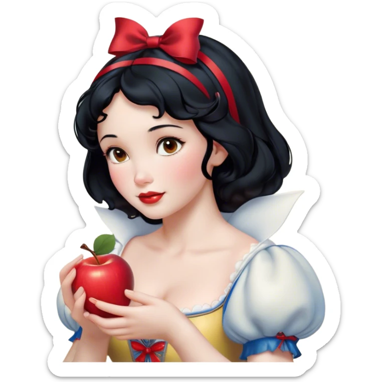 Cinematic Realistic Snow White Portrait, depicted with lifelike skin texture, soft natural lighting, and intricately detailed black hair styled with a red ribbon. Her soft brown eyes radiate innocence and kindness, complemented by a warm, gentle smile. She holds an apple in one hand, her other hand resting against her cheek, embodying her purity and charm. She is dressed in her classic yellow, blue, and red gown, the fabric rich in texture with delicate folds that catch the light beautifully. The portrait features a soft, natural glow with a radiant finish, capturing the essence of timeless beauty in a realistic and painterly style. sticker