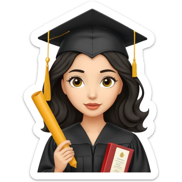 beautiful olive-skinned woman with wavy black hair wearing graduation cap and gown, holding diploma sticker