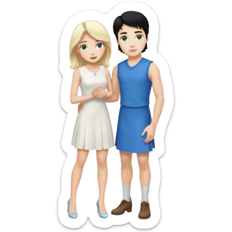 prince, standing upright, black Hair, blue eyes, garment,  woman, bending knee, sleveless white dress, blonde hair, green eyes, sticker