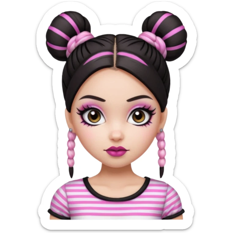 generate a pretty fair bratz girl with dark brown eyes. Dark brown hair straight hair with pink highlights tied into buns.  eyeliner. black lipstick. Black and white striped top.  sticker