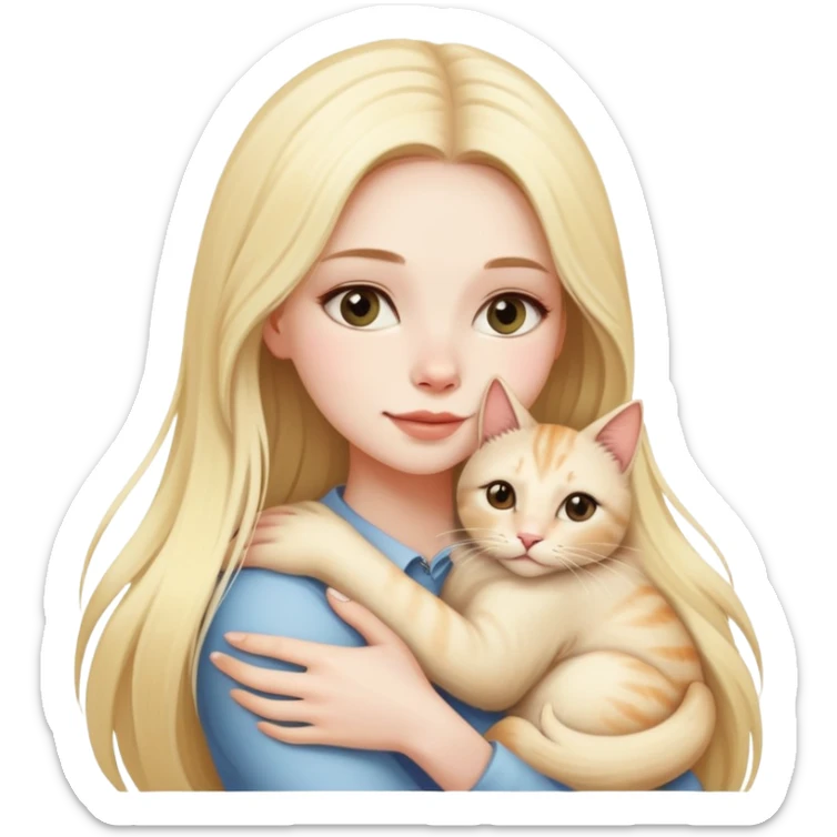 pretty woman with pale skin, very long blonde hair hugging a cat sticker