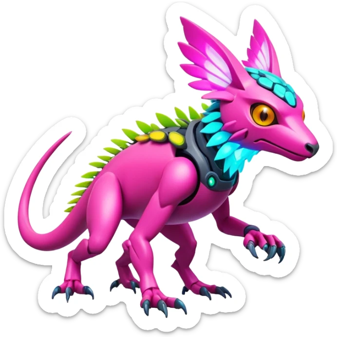 Tropical futuristic lush warm-colored modern colorful neon-colored cyber-Fakémon-Digimon-Trico-creature sticker