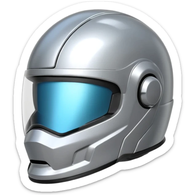 A futuristic helmet emoji made of silver chrome, smooth aerodynamic shape, minimal visor detail, reflective metallic surface, sci-fi aesthetic, iOS emoji style, centered on clean white background sticker
