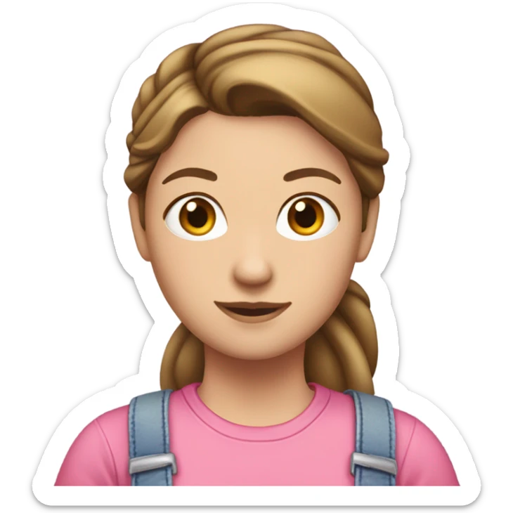 A white woman with brown hair in pony tail wearing pink headband, pink t shirt and overalls  sticker