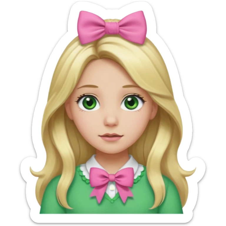 blonde girl long hair middle part, green eyes, pink bow and scrunchie sticker