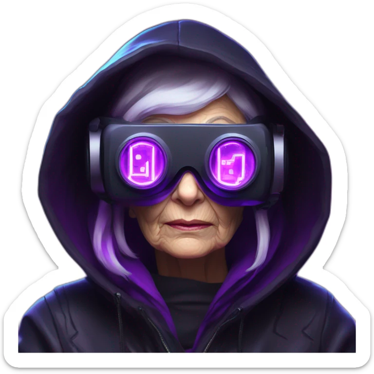Russian old woman wearing a black hoodie with "OMG" letters on it and VR headset in a cyberpunk VR environment with violet neon lighting. sticker