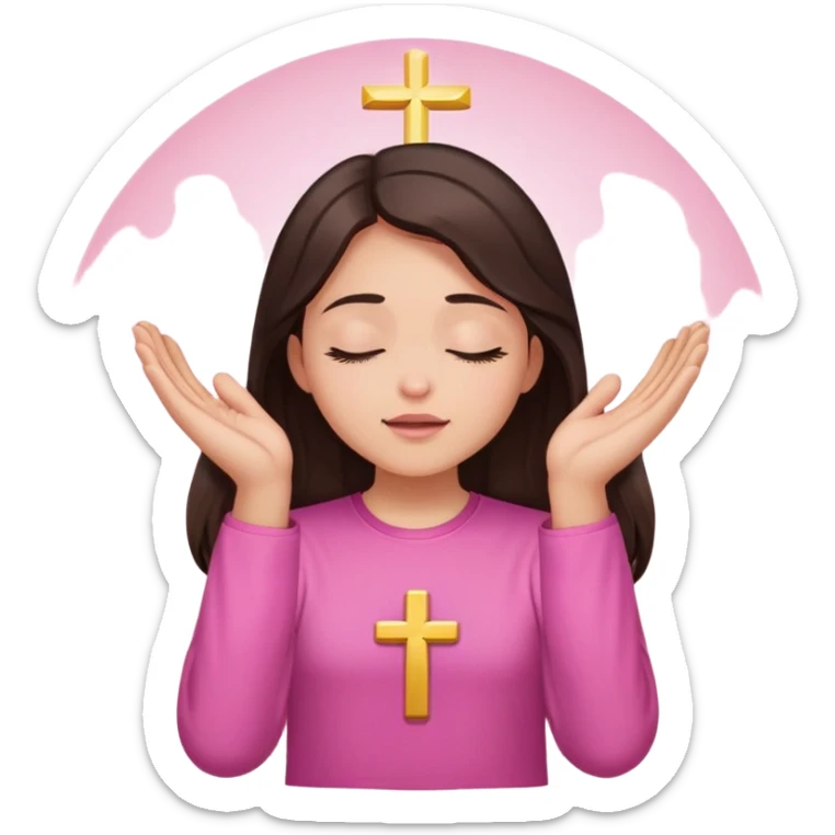 Girl long dark brown hair light medium skin worship God hands lifted eyes closed  pink shirt no cross sticker