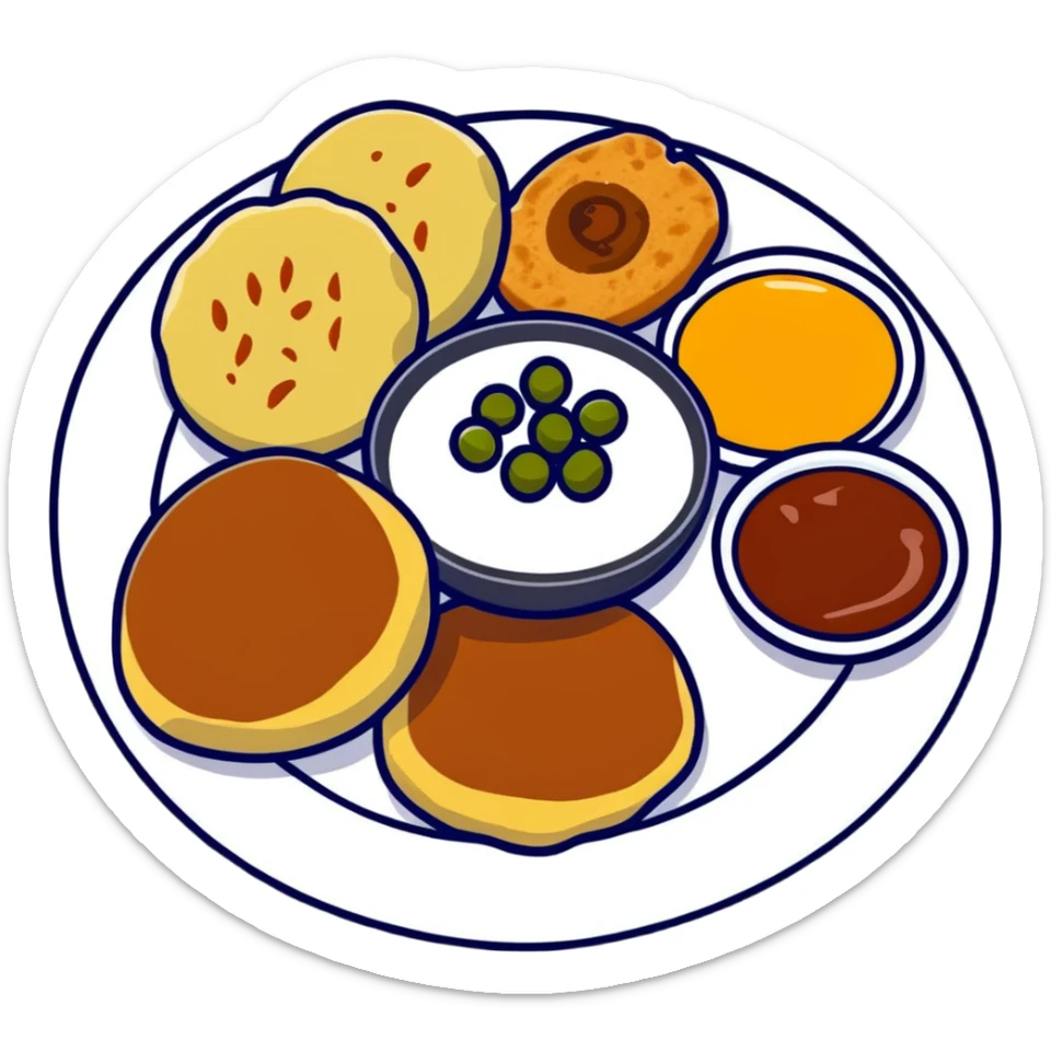 Small plate of Aloo Tikki Chaat with chickpeas, potato patties, yogurt and tamarind chutney sticker