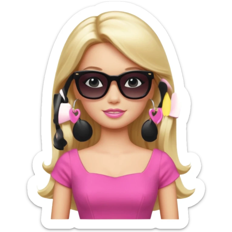 barbie with long blonde hair wear black sun glasses, pink dress sticker