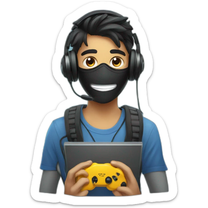 happy Indian teen gamer with gaming headphones and black mask with computer in background sticker