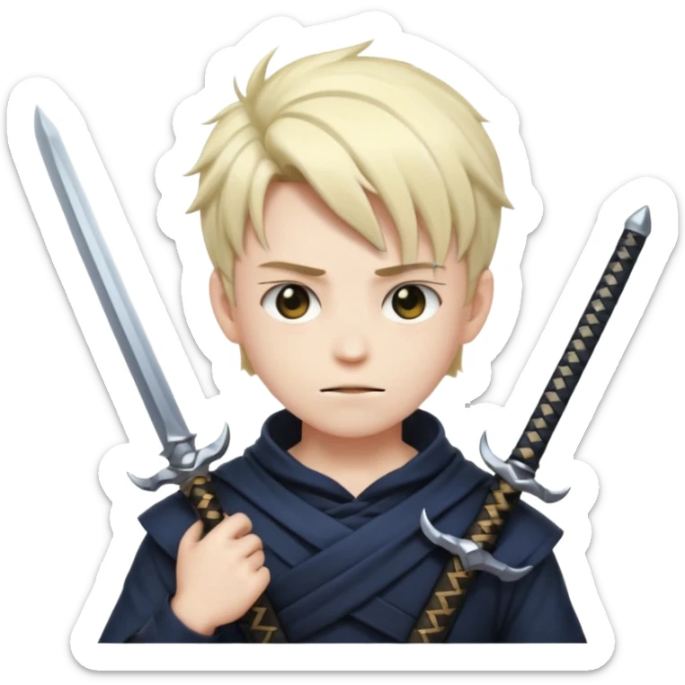 Way cooler with aura very aura and shadow on his face and adult face body Create me an anime character boy emoji looking very cool with swords on his hand sticker