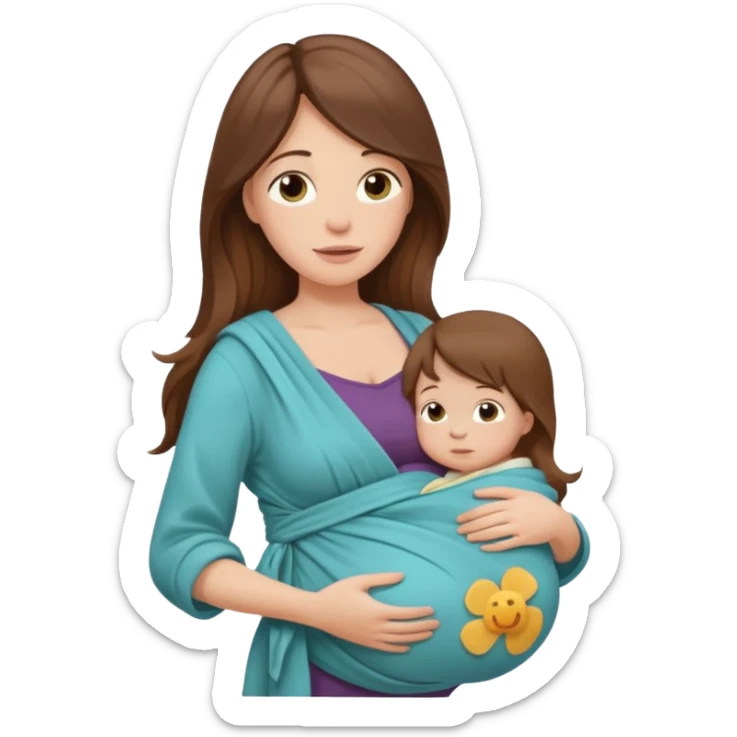 Pregnancy babywearing mom with long brown hair and fair skin with a baby and wrap  sticker