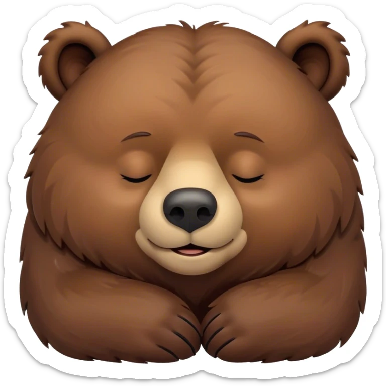 Meme-Worthy Cute Sleeping Grizzly Bear Portrait Emoji, Head resting peacefully with a contented smile, showcasing a massive, robust build and a luxuriously soft deep brown fur, eyes shut in a serene, restful nap, Simplified yet hilariously adorable features, highly detailed, glowing with a soft, drowsy light, high shine, relaxed and utterly lovable, stylized with an air of playful laziness, bright and heartwarming, soft glowing outline, capturing the essence of a comically sleepy grizzly, so meme-worthy it feels like it could instantly become the next viral sensation of adorable slumber! sticker